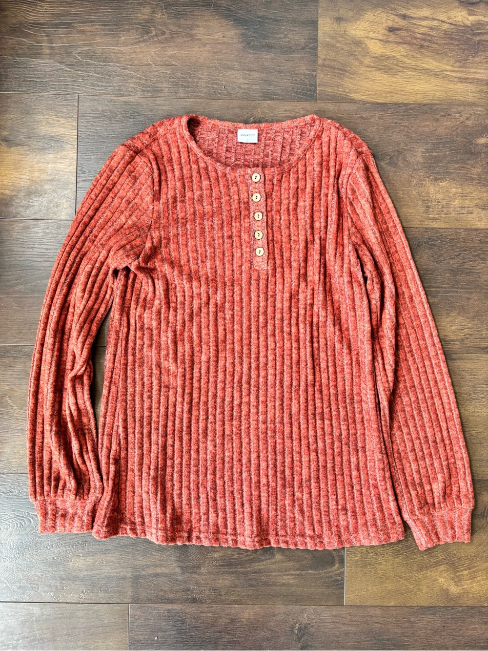 XIEERDUO Rust Red Ribbed Henley Long Sleeve Top Small